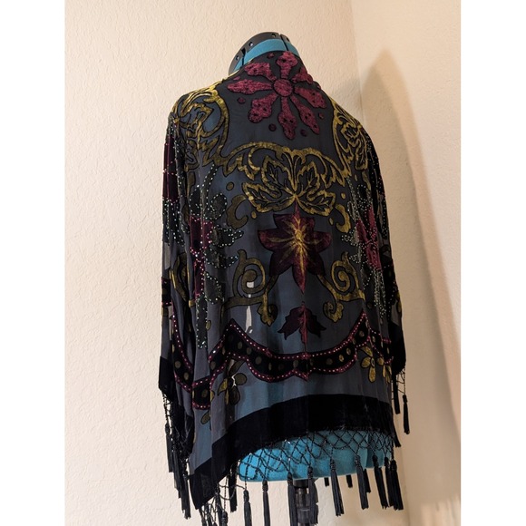 MSK Kimono Jacket Velvet Burnout Floral Beaded Fringe Black M